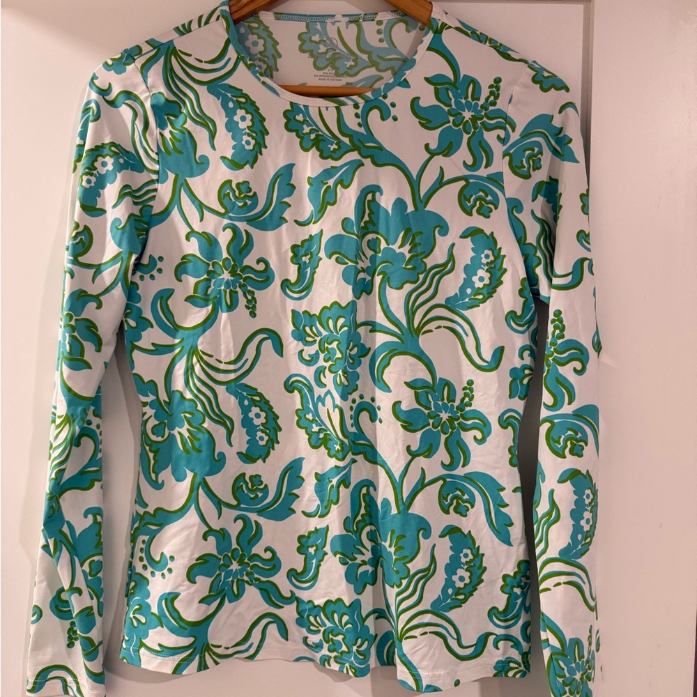 Lands' End Floral Long Sleeve Swim Top - Blue and Green Paisley
